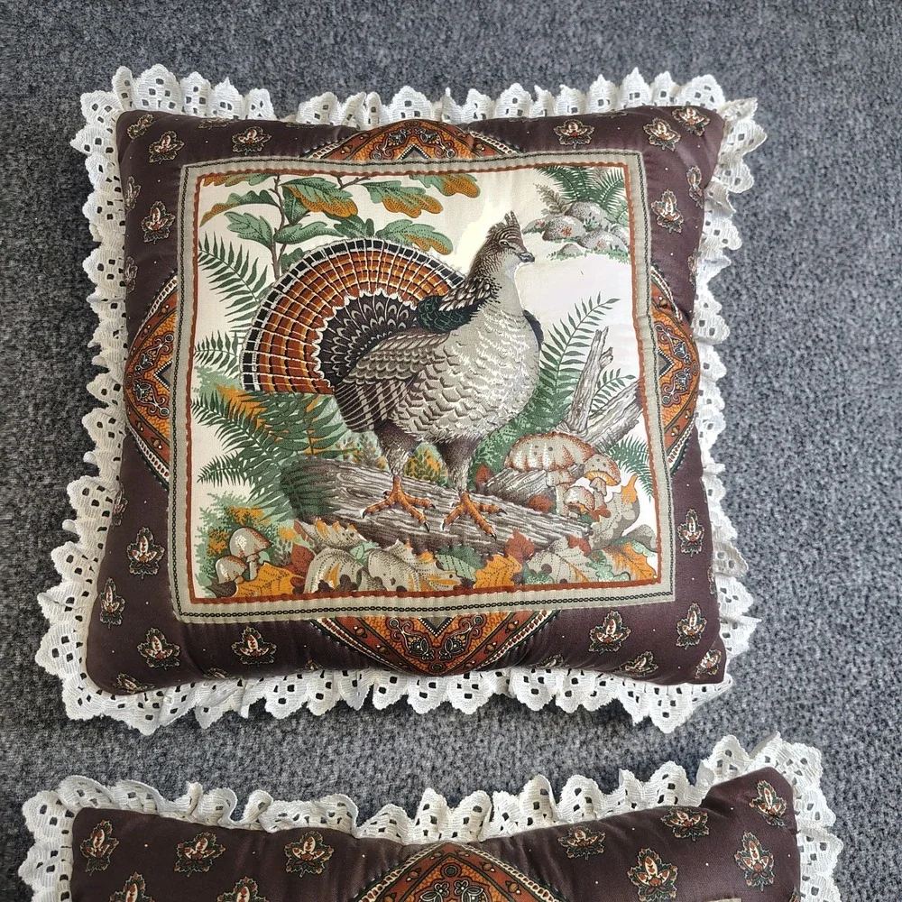 Vintage Cottagecore Tapestry Throw Pillow Set Turkey Goose Lace Trim Wildlife